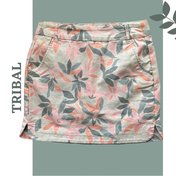 Tribal Spring Summer Skort Floral Pockets Stretch Pull On Orange Cream Size 2 - Picture 2 of 8